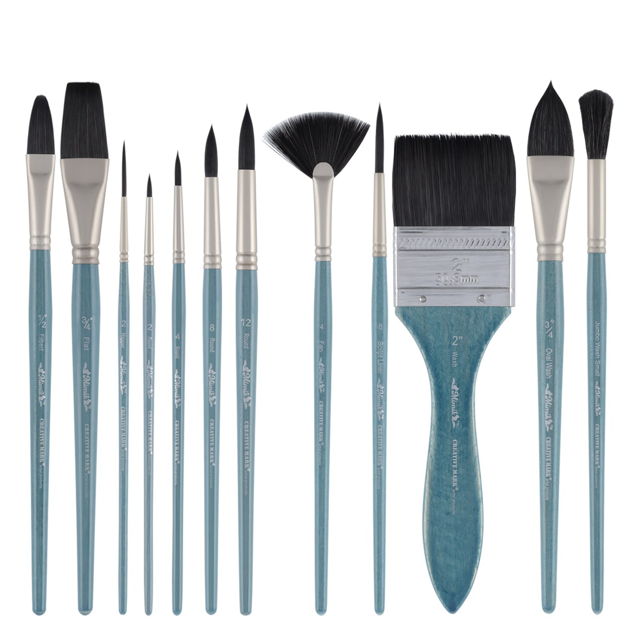 Creative Mark Mimik Squirrel Professional Watercolor Brushes Set of 12 High Color Load Synthetic Squirrel Brush Set with Filbert, Flat Wash, Rigger, Round, Fan, Script Liner, Oval Wash & Jumbo Wash